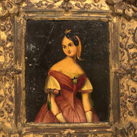 19th C. Diminutive Portrait of Lovely Young Woman in Rose on Tin in Repousse Frame