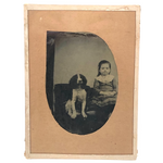 Frowning Girl with Spaniel, Antique Tintype, Framed as Found