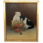 Pair of Cats with Basket and Roses, c. 1920s-30s Ethel Johnt Painting in Original Frame