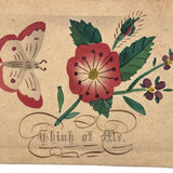 Think of Me, Small 19th Century Theorem Watercolor Love Token with Hand-stamped Sentiment