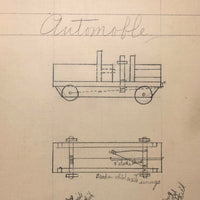 "Automoble":  H. Mischler's Hand-drawn Rubber Band Powered Toy Car Rendering with Specs