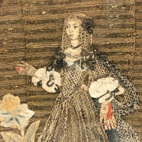 Fantastic 17th Century English Needlework Fragment, Portrait of Young Woman with Large Hands and Flower