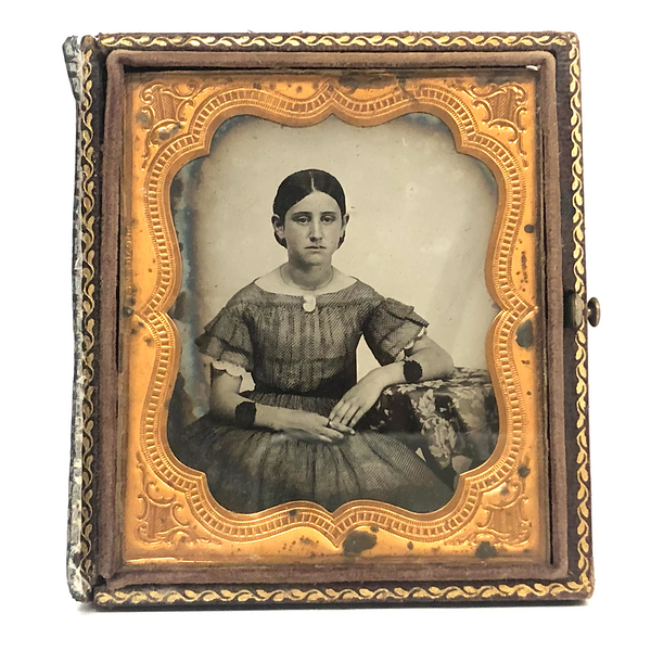 Early, Ultra Sharp Cased Tintype of Bored Looking, Finely Dressed Young Woman