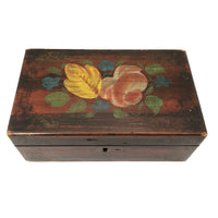 19th Century Paint Decorated Box with Theorem Flowers and Marbled Paper Interior