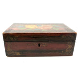 19th Century Paint Decorated Box with Theorem Flowers and Marbled Paper Interior