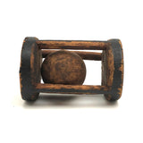 Very Sweet 19th C. Round (and Roll-able) Carved Pine Pine Ball in Cage Whimsy in Original Black Paint