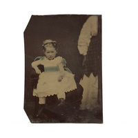 Girl with Golden Necklace and Half Hidden Mother, Antique Hand-painted Tintype