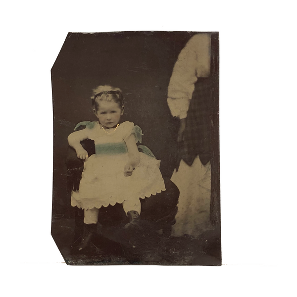 Girl with Golden Necklace and Half Hidden Mother, Antique Hand-painted Tintype