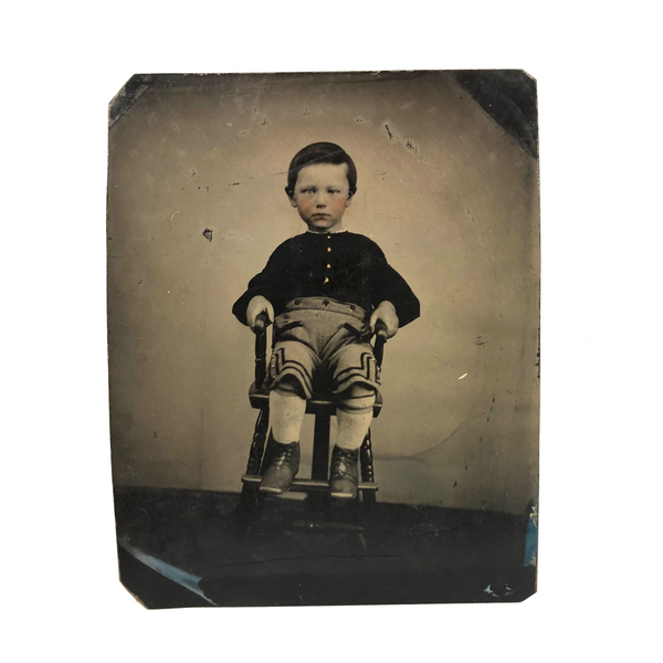 Intense Blushing Boy in Shorts in High Chair, Antique Hand-tinted Tintype