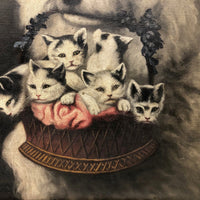 Poodle and Kittens, Oh My --C. Late 19th C. Oil on Canvas After Carl Reichart in Original Frame