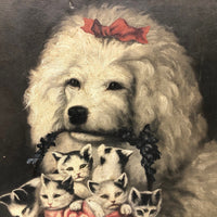 Poodle and Kittens, Oh My --C. Late 19th C. Oil on Canvas After Carl Reichart in Original Frame