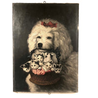 Poodle and Kittens, Oh My --C. Late 19th C. Oil on Canvas After Carl Reichart in Original Frame