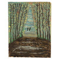 SOLD Tiny Couple in Deep Forest, Wonderful 1976 Framed Painting on Paper by 87 Year "Ma", Signed