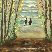 SOLD Tiny Couple in Deep Forest, Wonderful 1976 Framed Painting on Paper by 87 Year "Ma", Signed