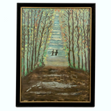 SOLD Tiny Couple in Deep Forest, Wonderful 1976 Framed Painting on Paper by 87 Year "Ma", Signed