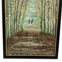 SOLD Tiny Couple in Deep Forest, Wonderful 1976 Framed Painting on Paper by 87 Year "Ma", Signed