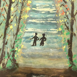 SOLD Tiny Couple in Deep Forest, Wonderful 1976 Framed Painting on Paper by 87 Year "Ma", Signed