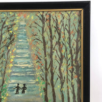 SOLD Tiny Couple in Deep Forest, Wonderful 1976 Framed Painting on Paper by 87 Year "Ma", Signed