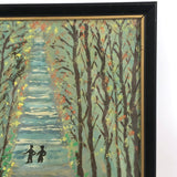 SOLD Tiny Couple in Deep Forest, Wonderful 1976 Framed Painting on Paper by 87 Year "Ma", Signed