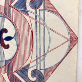 Striking Vintage Geometric Drawing in Blue and Red Ink