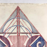 Striking Vintage Geometric Drawing in Blue and Red Ink