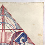 Striking Vintage Geometric Drawing in Blue and Red Ink