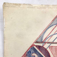 Striking Vintage Geometric Drawing in Blue and Red Ink