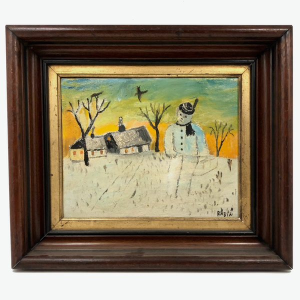 Giant Snowman Against Orange Sky with Trees and Houses, Charles Rabin Painting c. 1970s