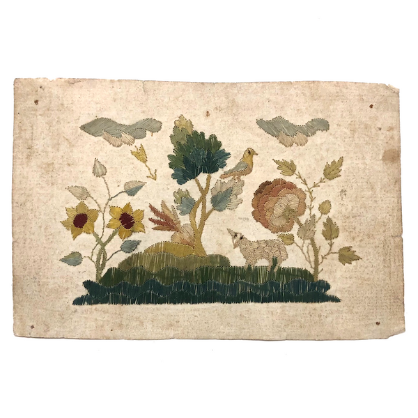 Lamb and Bird and Shooting Arrow: Early 19th C. Embroidery on Laid Paper