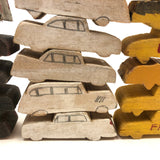 Pile of Homemade Painted Wooden Cars and Trucks