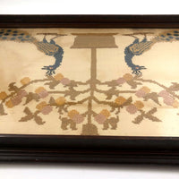 Antique Peacocks Cross Stitch Embroidery on Silk in Original Frame (Presumed Once a Tray)