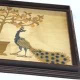 Antique Peacocks Cross Stitch Embroidery on Silk in Original Frame (Presumed Once a Tray)