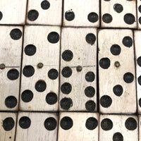 Complete Set of Old Homemade White Painted Dominoes with Brass Spinners in Handmade Slide Top Box