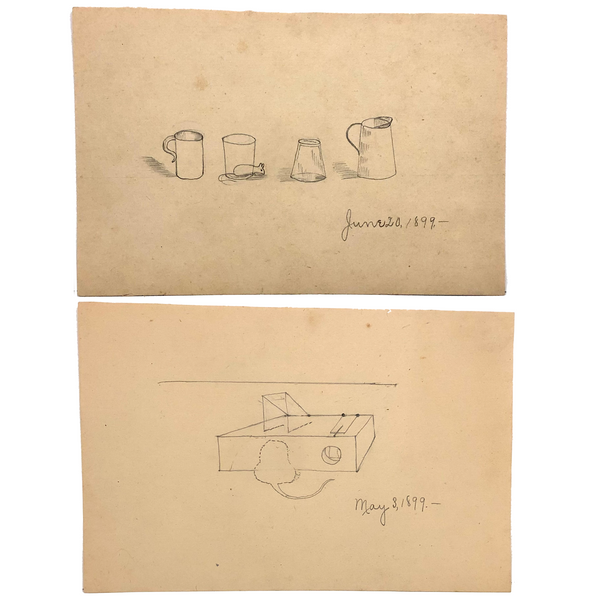 Charming Pair of 1899 Drawings: Mouse with Vessels + Mouse in Mousetrap!