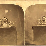 1876 American Centennial Folk Art Sawing Men Whirligig with a Barrel of Rum Stereoview