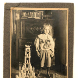 Winsome Child with Excellent Toy Tower, Antique Mounted Photograph