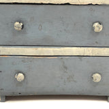 Antique Folk Art Cigar Box Wood Doll Chest with Mirror Plus Wash Stand in Blue and Silver