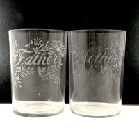 Mother + Father, Perfect Pair of Early 20th Century Stencil Etched Blown Glass Tumblers