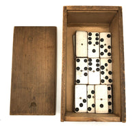 Complete Set of Old Homemade White Painted Dominoes with Brass Spinners in Handmade Slide Top Box