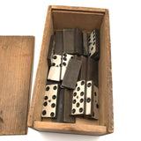 Complete Set of Old Homemade White Painted Dominoes with Brass Spinners in Handmade Slide Top Box