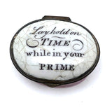 C. 1780 Battersea Bilston Enamelware Motto Patch Box with Interior Mirror