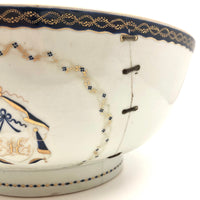 Late 18th C. Large Hand-painted Chinese Export Serving/Punch Bowl with Gorgeous Staple Repairs