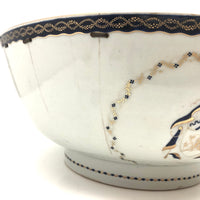 Late 18th C. Large Hand-painted Chinese Export Serving/Punch Bowl with Gorgeous Staple Repairs