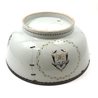 Late 18th C. Large Hand-painted Chinese Export Serving/Punch Bowl with Gorgeous Staple Repairs