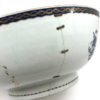 Late 18th C. Large Hand-painted Chinese Export Serving/Punch Bowl with Gorgeous Staple Repairs