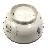 Late 18th C. Large Hand-painted Chinese Export Serving/Punch Bowl with Gorgeous Staple Repairs