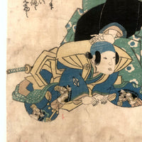 Stunning 1833 Japanese Woodblock Print by Kuniyoshi Utagawa of Kabuki Actor Nakamura Shiken II and Son