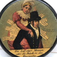 Nagging Wife, Burdened Husband, Early German Lacquered Papier Mache Snuff Box