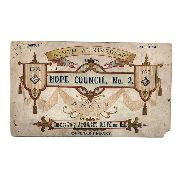 1875 Odd Fellows Hope Council No. 2 Announcement/Ticket