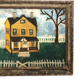 Wonderful c. 1940s-50s Folk Art Painting of Yellow House with White Picket Fence